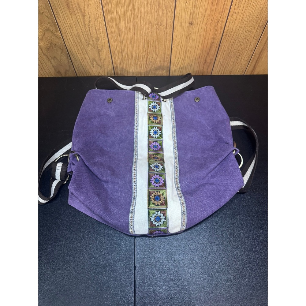 Purple Canvas Convertible Backpack Tote Bag Embroidered Floral Boho Handbag